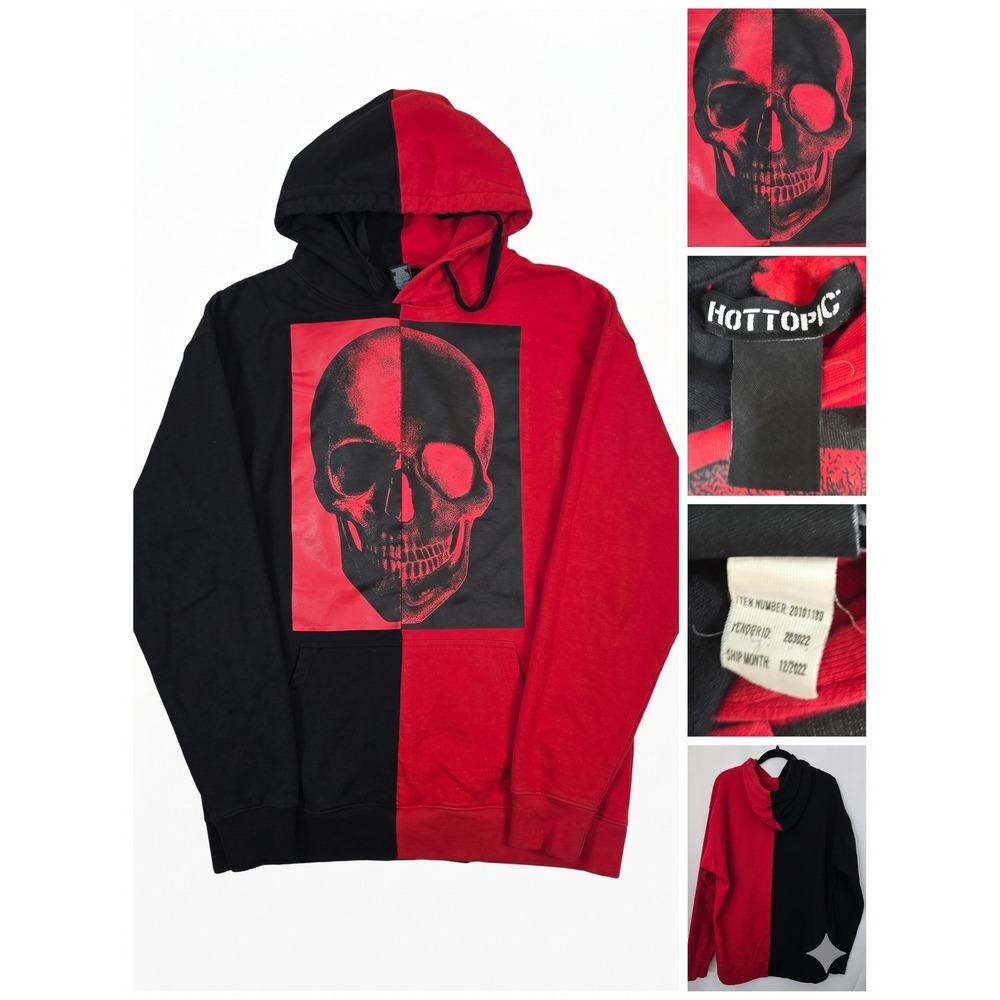 Hot Topic Skull Hoodie LG Red Black Split Tone Half and Half Goth Emo Streetwear